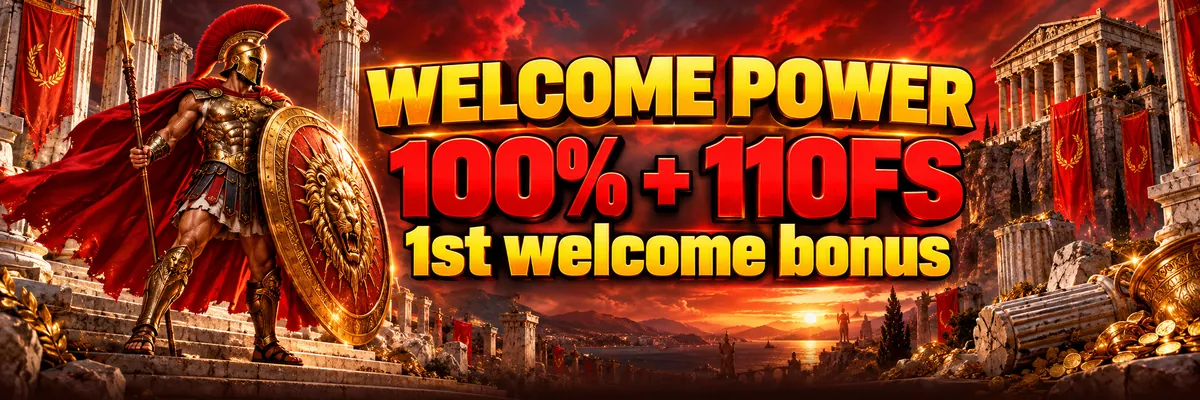 A heroic Roman-style warrior raises a red and gold shield beside ancient Mediterranean columns, presenting a 100% welcome bonus with 110 free spins.